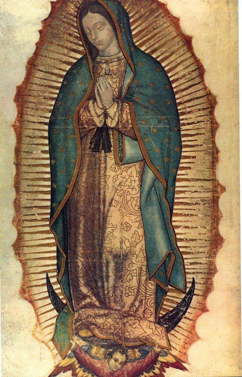 The image of Our Lady of Guadalupe. JET recalls comparing his mother to this sacred figure; the image also accompanies his reflections on Catholicism.
