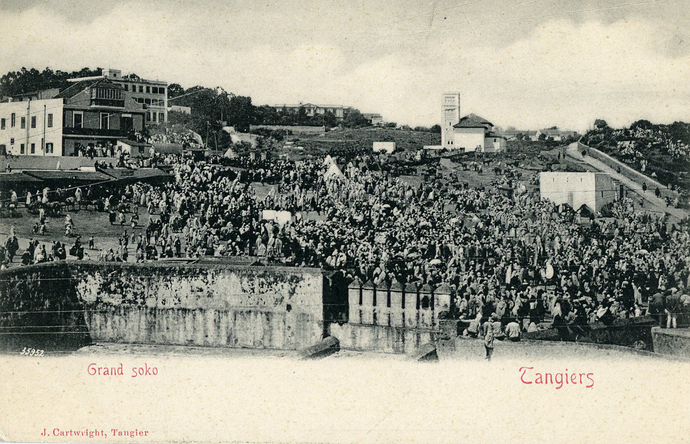 The Grand Socco in Tangier, on an undated historical postcard. A setting for JET�s memories of rooftop rooms, markets, and mint tea.